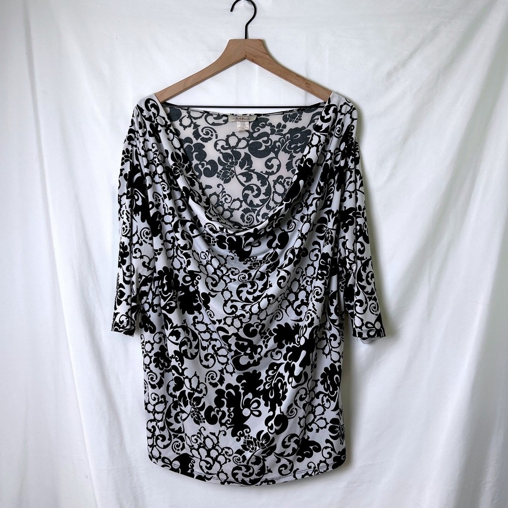 Sushi Flower Womens Damask Cowl Neck 3/4 Sleeve Blouse Size 2XL Black White